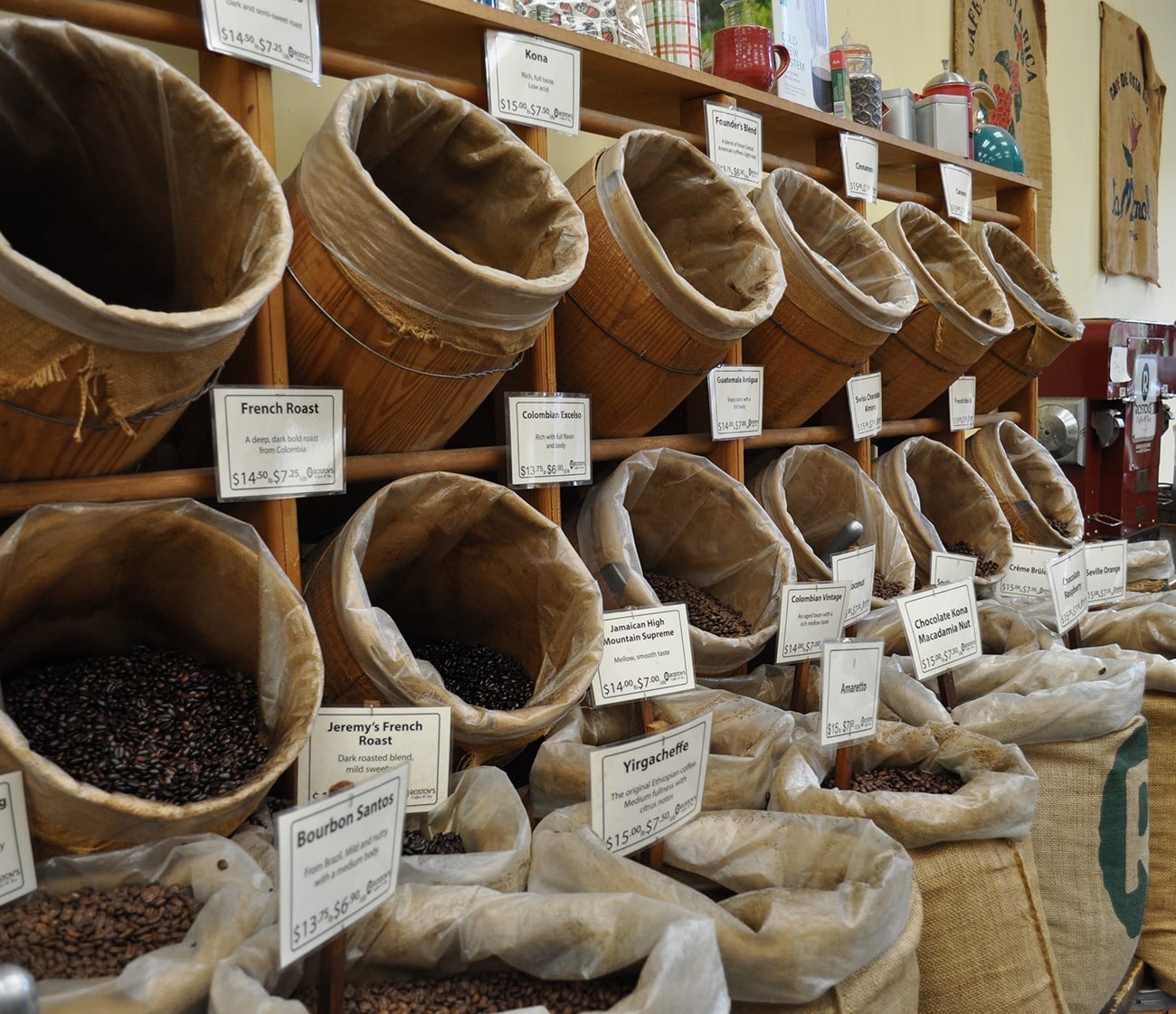 Discover the vast selection of coffee beans at Rostov's Coffee & Tea, a featured favorite among Richmond's coffee shops.